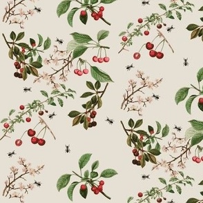 cherries and ants on ivory