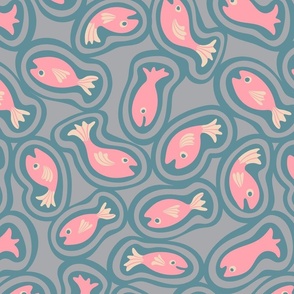 Teeming Fish Cute Sea Ocean Creatures in Pretty Pastel Pink Blue Gray - SMALL Scale - UnBlink Studio by Jackie Tahara