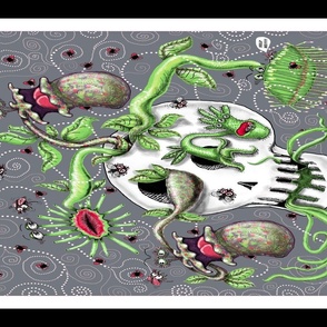 quirky carnivorous plants in a skull pot wall hanging or tea towel, black and white, red gray grey green, day of the dead