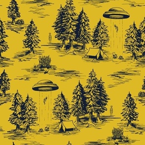 Large-Scale Mustard & Navy Alien Abduction Toile de Jouy