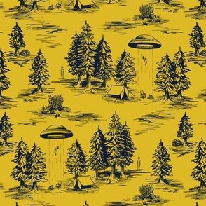 Small-Scale Mustard & Navy Alien Abduction Toile de Jouy