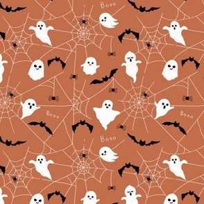 Black Cat, Bat, Spider, Spooky Ghosts, Spider web on Orange Halloween Fabric