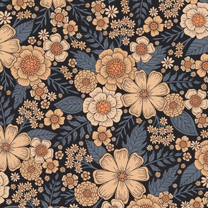 Floral w/ Peach & Blue-Gray Flowers