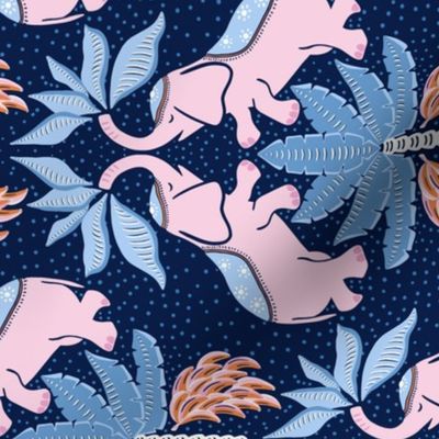 elephants/pink on dark blue/medium rotated