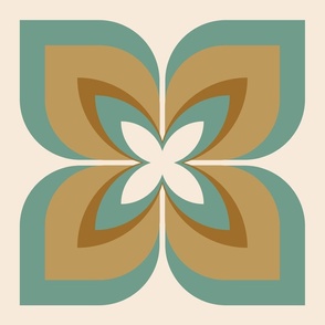 557 $ - Jumbo scale - Dancing Lei - award winning 2021 design in calming teal, caramel, mustard and cream,  stylized tropical flowers, now available as home décor, fabric and wallpaper: scale suitable for pillows, curtains, bed linen and soft furnishings 
