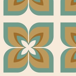 557 - Medium Scale Dancing Lei - award winning 2021 design in calming teal, caramel, mustard and cream,  stylized tropical flowers, now available as home décor, fabric and wallpaper: scale suitable for pillows, curtains, bed linen and soft furnishings in 