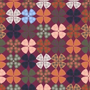 354 - Stylised textured four leaf clover/modern floral in multi-tones of fall colours - 100 Patterns Project: medium scale for home decor, bag linings, apparel, lampshades, pillows and more