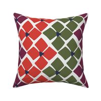 355 - Floral Zig Zag Path, bold and modern  in orange, plum and leaf green- 100 Pattern Project: jumbo scale for home decor, bed linen, duvet covers, bag making, soft furnishings, wallpaper