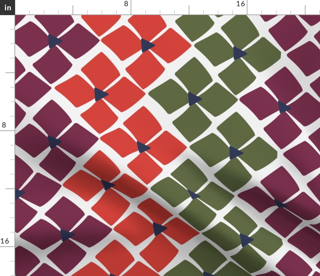 355 - Floral Zig Zag Path, bold and modern  in orange, plum and leaf green- 100 Pattern Project: jumbo scale for home decor, bed linen, duvet covers, bag making, soft furnishings, wallpaper