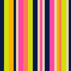 Bright stripes in neon colors hot pink midnight blue marigold orange papaya chartreuse lime and sand Large scale