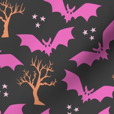Pink bats spooky orange black Halloween Wallpaper