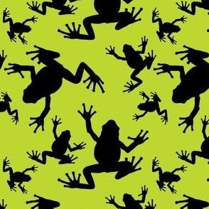 Bright green and black frog silhouette seamless pattern