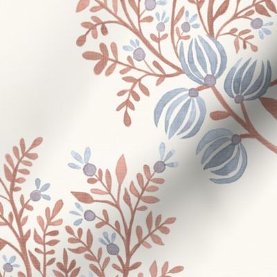 Terracotta Blues On Cream Lilac  EMMA FLORAL TOSS