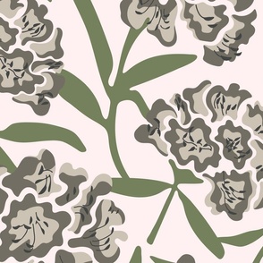 Rhododendron Floral Botanical in Warm Gray and Green - Light Pink Background - Special Request Colours - LARGE Scale - UnBlink Studio by Jackie Tahara