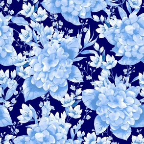 Hydrangea Garden Blue Midnight Monochrome Large Scale