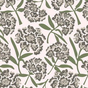 Rhododendron Floral Botanical in Warm Gray and Green - Light Pink Background - Special Request Colours - MEDIUM Scale - UnBlink Studio by Jackie Tahara