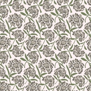 Rhododendron Floral Botanical in Warm Gray and Green - Light Pink Background - Special Request Colours - SMALL Scale - UnBlink Studio by Jackie Tahara
