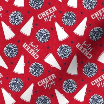 Cheer Mom - pom poms and megaphone - navy and white on red - LAD21