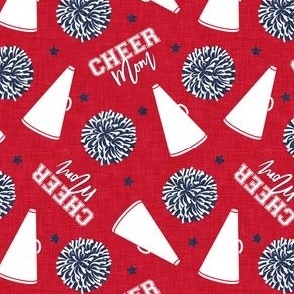 Cheer Mom - pom poms and megaphone - navy and white on red - LAD21