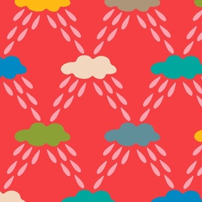 Cloudburst Outdoor Weather Rain Drops and Clouds in Bright Rainbow Multi-Colours on Bright Red - LARGE Scale - UnBlink Studio by Jackie Tahara