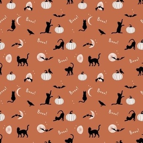 Black Cat, Bat, Crow, Pumpkin, Moon silhouettes on Orange Halloween Fabric