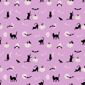 Black Cat, Bat, Crow, Pumpkin, Moon silhouettes on pink for Halloween