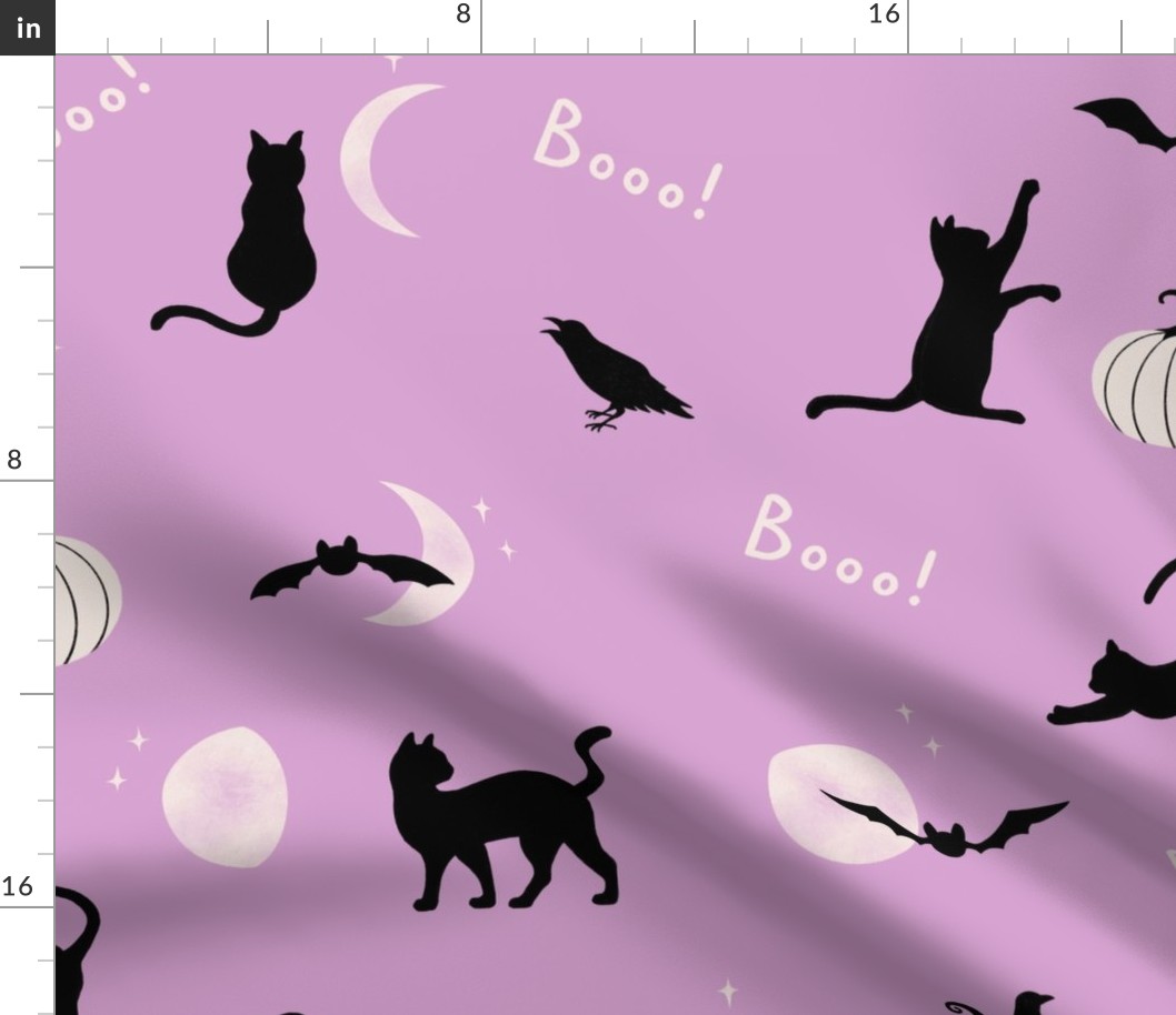 Black Cat, Bat, Crow, Pumpkin, Moon silhouettes on pink for Halloween