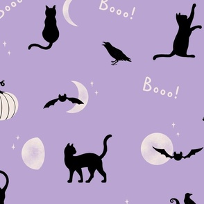 Black Cat, Bat, Crow, Pumpkin, Moon silhouettes on pastel purple for Halloween 
