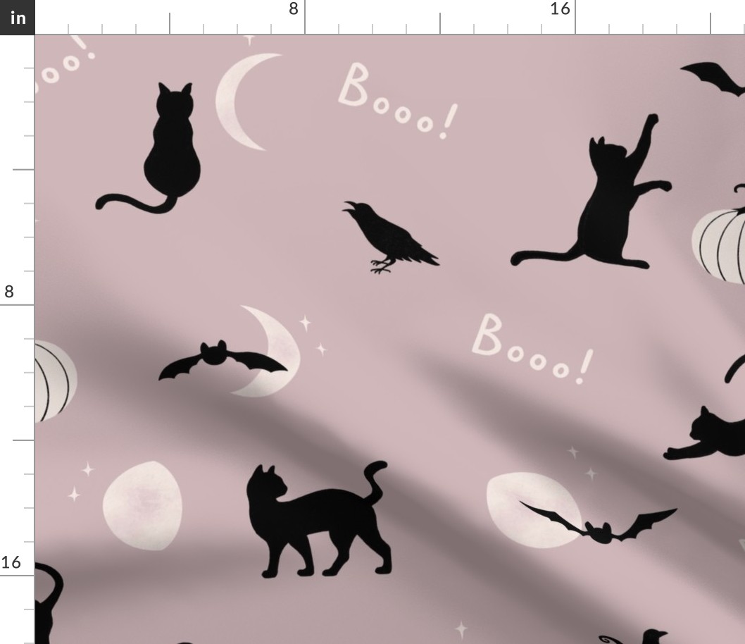 Black Cat, Bat, Crow, Pumpkin, Moon silhouettes on pastel pink for Halloween