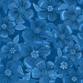 Denim Blue Line Art Flowers