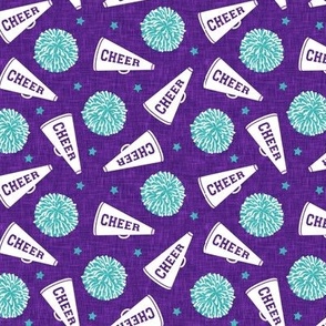 Cheer - Cheerleading - pom poms and megaphone - teal on purple - LAD21