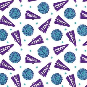 Cheer - Cheerleading - pom poms and megaphone - purple and teal on white - LAD21