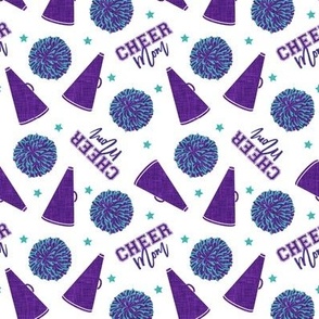 Cheer Mom - pom poms and megaphone - purple and teal on white - LAD21