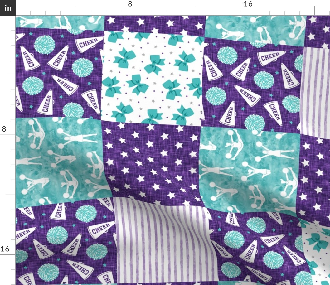Cheer Wholecloth - cheerleading - bows, pom poms, megaphone - purple and teal (90) - LAD21