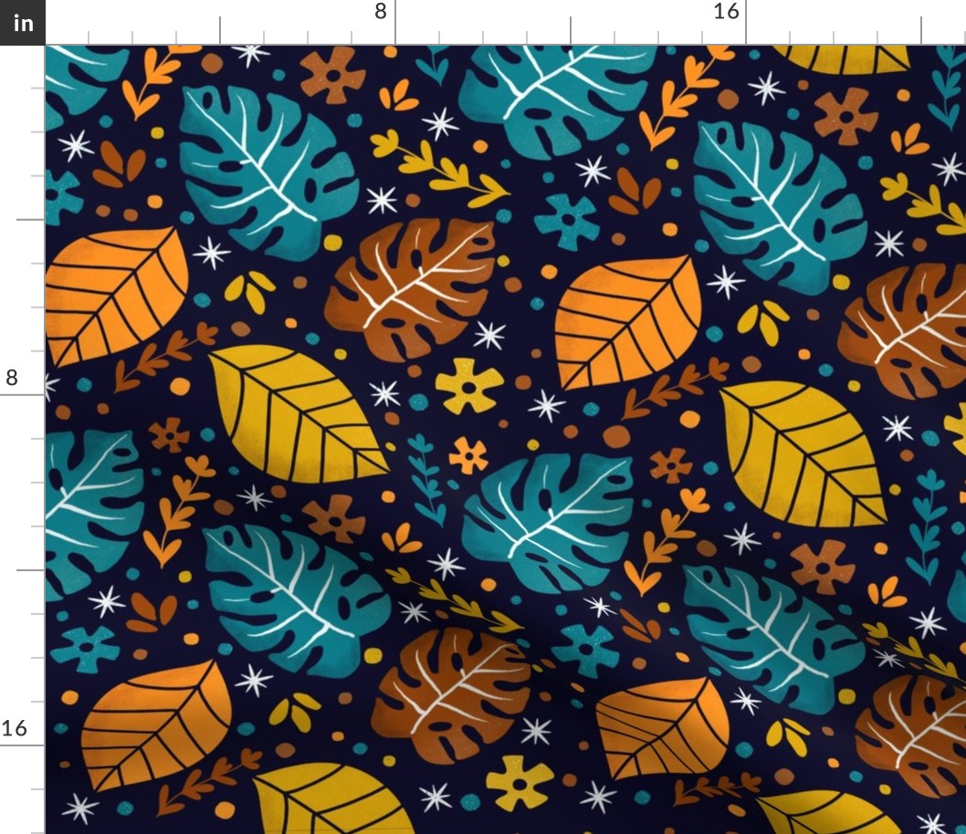 Tropical Teal and Orange Monstera - Lively Jungle Foliage Pattern