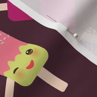ice cream, ice lolly  Kawaii with pink cheeks and winking eyes, pastel colors on dark brown background. 