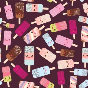 ice cream, ice lolly  Kawaii with pink cheeks and winking eyes, pastel colors on dark brown background. 