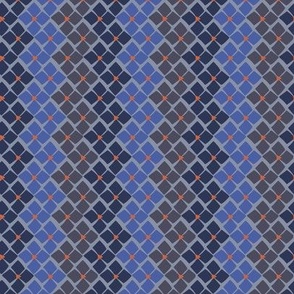 355 - Floral Zig Zag Path, bold and modern in navy blue, cobalt blue, grey and orange - 100 Pattern Project: medium scale for home decor, bed linen, duvet covers, bag making, soft furnishings, wallpaper