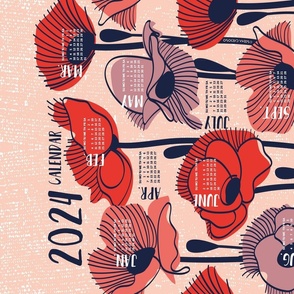 2024 Field of poppies calendar tea towel or wall hanging // rose background neon red orange shade coral and dry rose wildflowers oxford navy blue line contour 