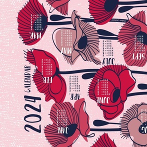 2024 Field of poppies calendar tea towel or wall hanging // pastel pink background carmine red pink and dry rose wildflowers oxford navy blue line contour