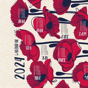 2024 Field of poppies calendar tea towel or wall hanging // white linen background carmine red wildflowers oxford navy blue line contour