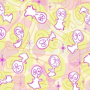 Ditsy Ghost-ies - Halloween pastel ghosts - ditsy Halloween Pastels - Pink, Yellow -- 235dpi (63% of Full Scale)