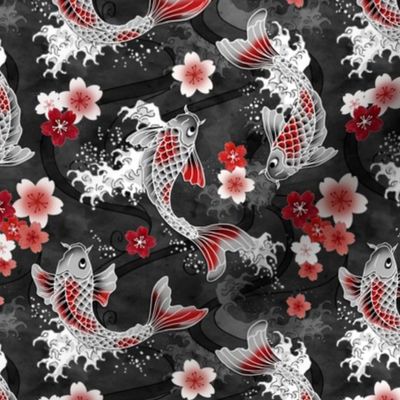 Koi and sakura blossom in grey with deep red fish small