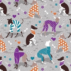 Small scale // Greyhounds dogwalk // grey background orange teal and purple clothes