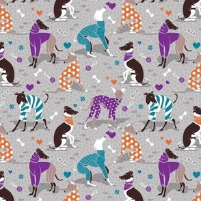 Tiny scale // Greyhounds dogwalk // grey background orange teal and purple clothes