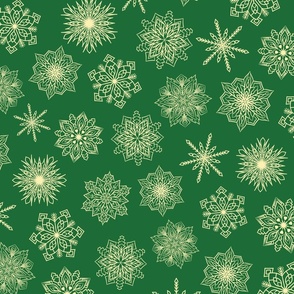 Large Scale Green Yellow Festive Snowflakes Christmas Print
