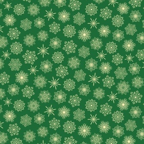 Small Scale Green Yellow Festive Snowflakes Christmas Print