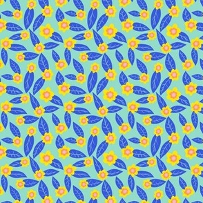 Yellow Flowers with Electric Blue Leaves on a Mint Green Background - 2.5x2.5