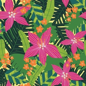 Tropical Sunrise: Pink Floral & Green Leaves