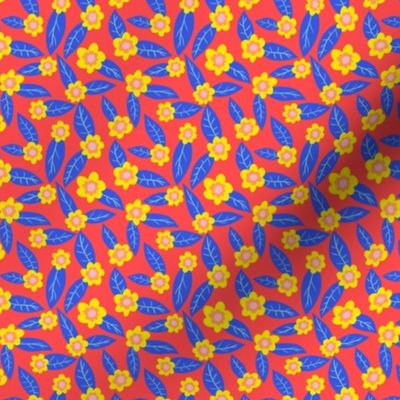 Sunny Yellow Flowers with Electric Blue Leaves on a Coral Red Background - 2.5x2.5